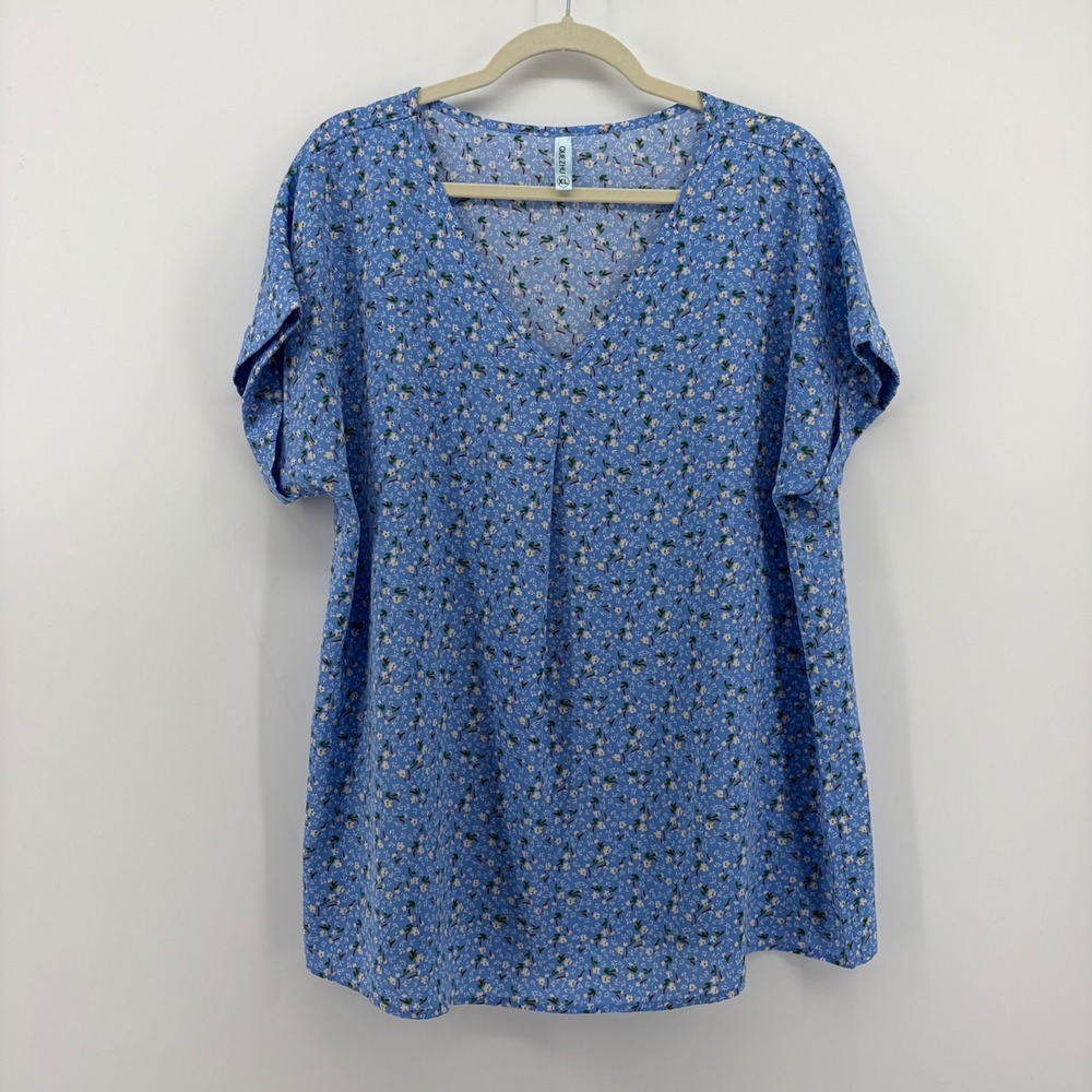Quezhu Floral‎ Blouse Blue Womens XL Short Sleeve V-Neck Ditsy Print Relaxed Fit